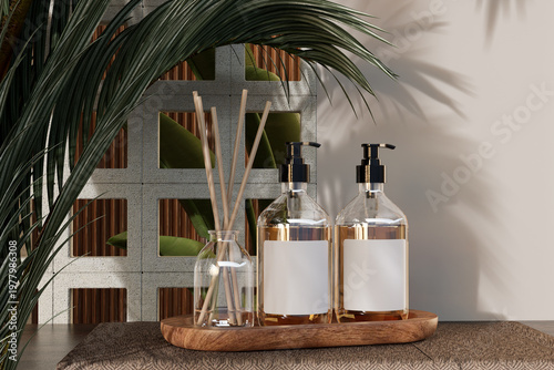 Photos Luxury skincare and home fragrance mockup with pump bottles and reed diffuser on wooden tray