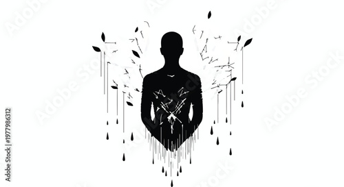 Silhouette of a person dissolving into abstract shapes and falling elements.