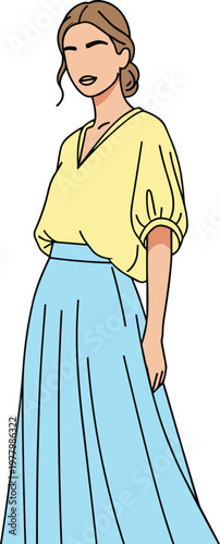 Woman in a yellow blouse and blue skirt, vector illustration.
