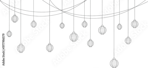 Lanterns with intricate patterns hang elegantly from decorative strings against a clean and minimalist white background.