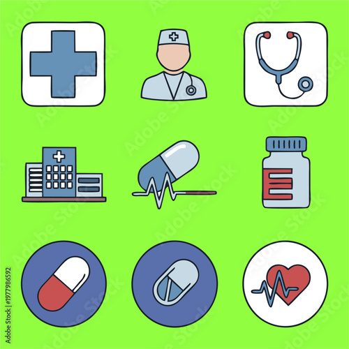 Medical and Healthcare Icons Set with Doctor Hospital Pills Stethoscope.
