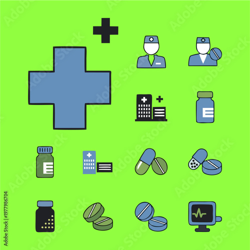 Medical and healthcare icons set with doctors, hospitals, and various medications.