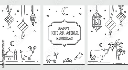 Eid al-Adha greeting cards feature linear icons of mosque buildings, sacrificial animals, and festive lanterns.