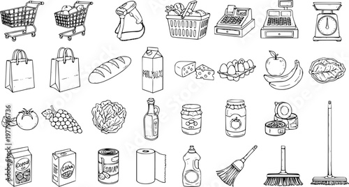 Hand Drawn Black and White Line Art Set of Grocery Store and Supermarket Shopping Items, Food Products, and Retail Equipment Icons.