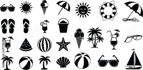 Black and White Summer Vacation Icon Collection