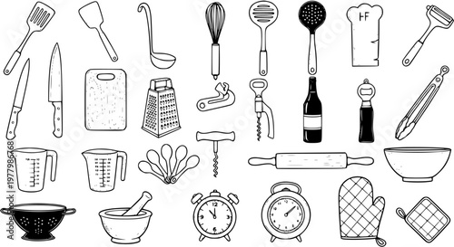 Hand Drawn Black and White Line Art Kitchen Utensils and Cooking Tools Collection. Doodle Style Culinary Equipment Set.