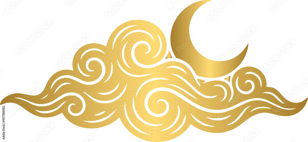 Fototapeta premium Golden dreamy hand-drawn cloud and crescent moon with stars