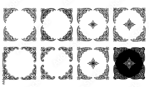 Quadro em tela Elegant ornate decorative corner elements for design and invitations black and w