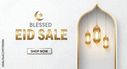 Eid sale banner showcases glowing golden lanterns hanging inside an elegant archway with a crisp white background.