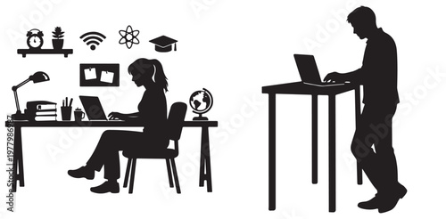 Two individuals working in different home office setups with modern tools and accessories.