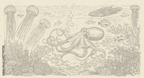 Vintage engraving style illustration of an octopus, jellyfish, and fish in a vibrant coral reef ecosystem, deep underwater ocean life.
