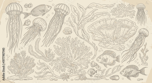 Vintage Marine Life and Underwater Organisms Line Art Collection. Hand-Drawn Ocean Animals, Coral Reefs, and Seaweed Sketches.