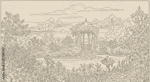 Vintage Line Art Illustration of a Serene Garden Landscape with Gazebo and Pond, Lush Botanical Scenery
