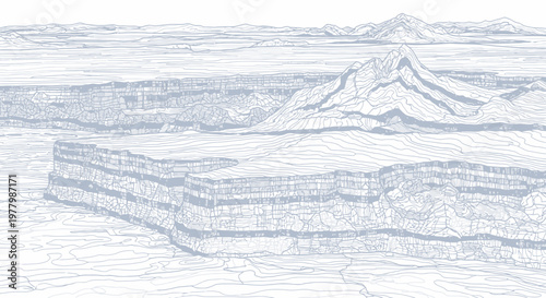 Digital wireframe landscape illustration of grand geological formations, featuring layered canyon cliffs, expansive plateaus, and distant mountains.
