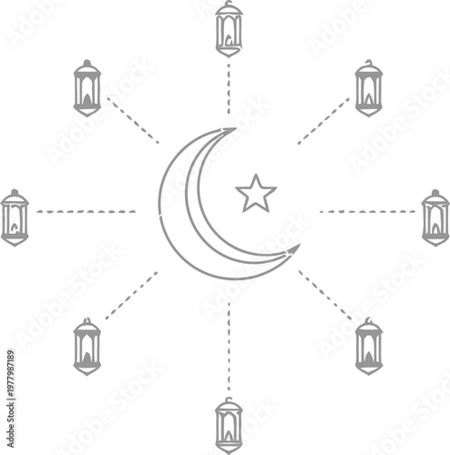 Crescent moon shines brightly at the center of several traditional lanterns hanging in a circular pattern formation.