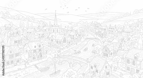 Detailed line art illustration of a charming European village with a church, river, bridge, houses, trees, and hills, perfect for a coloring book