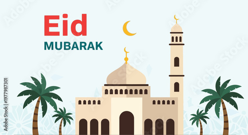 Mosque architecture stands beneath a crescent moon to commemorate the festive spirit of the annual Eid Mubarak holiday.