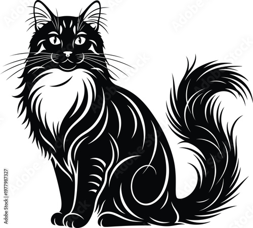 black and white illustration of a long-haired cat