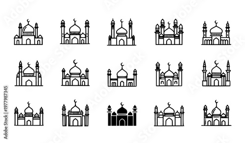 Set of stylized black mosque building outlines and solid shapes for Islamic design