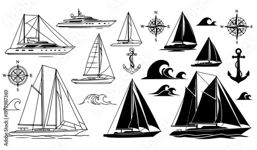 Nautical themed black and white graphic elements featuring sailboats yachts anchors waves