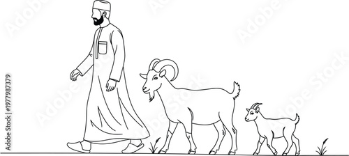 Muslim man in traditional clothing walks with a goat and a kid in a progression symbolizing the sacrificial offering.