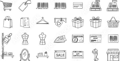 Hand-drawn Black and White Line Art Icons Set for Retail, Shopping, E-commerce, and Fashion. Includes Shop, Product, Sale, and Payment Doodle Elements.