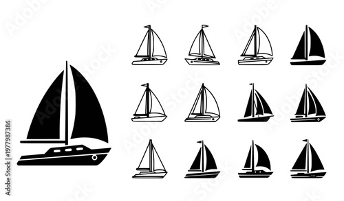 Sailboat designs showcasing various hull shapes and sail configurations graphic