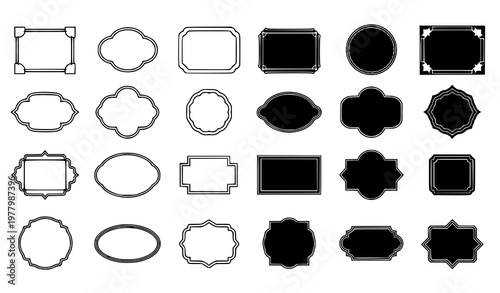 Assortment of black and white decorative frames and labels in various shapes