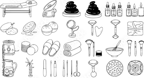 Black and White Line Art Icons of Spa and Beauty Treatment Objects for Wellness and Relaxation