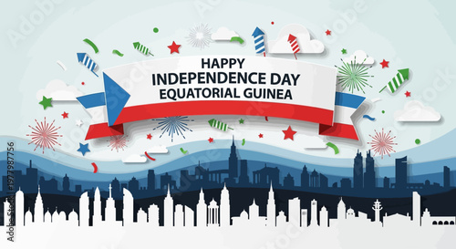 Happy Equatorial Guinea Independence Day celebration with city skyline and fireworks