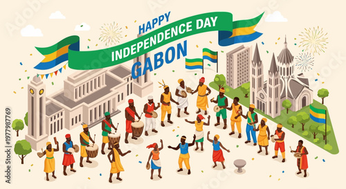 Isometric illustration of Gabon Independence Day celebration with traditional dancers and drummers.