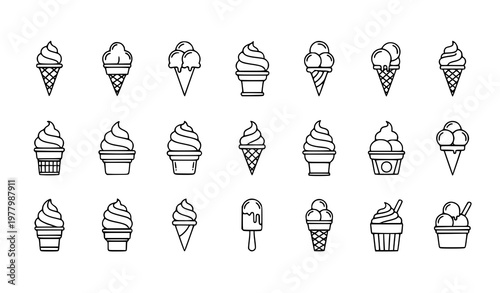 Ice cream cone icon set vector with editable stroke scoop cup and soft serve outline collection