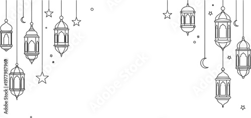 Lanterns and crescent moons create a minimalist linear border layout suitable for elegant religious event invitations.