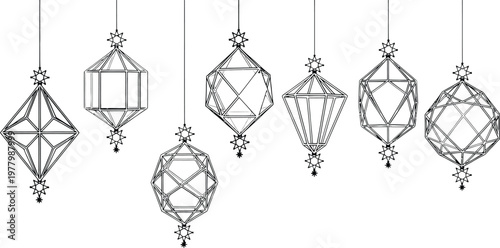 Lanterns designed with geometric lines hang vertically against a plain white background in this minimalist graphic.