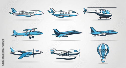 Collection of various aircraft and hot air balloon illustrations.