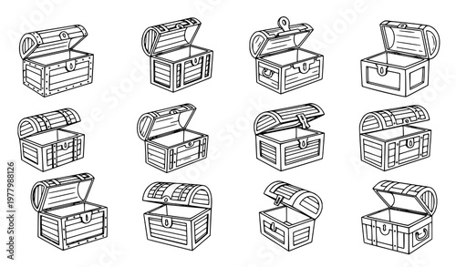 Playful doodle treasure chest vector set with open empty chests hand drawn outline sketch illustration