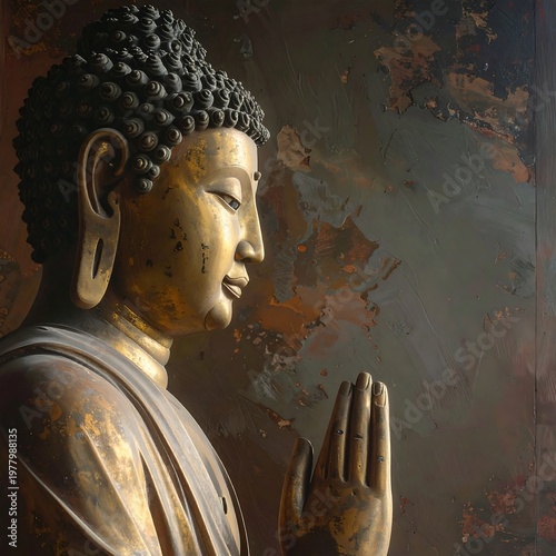 A serene Buddha statue with a calm expression