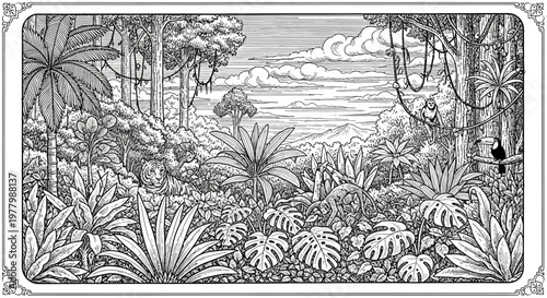 Detailed black and white hand-drawn jungle illustration. Lush tropical rainforest with exotic plants, vines, canopy, and hidden wildlife.