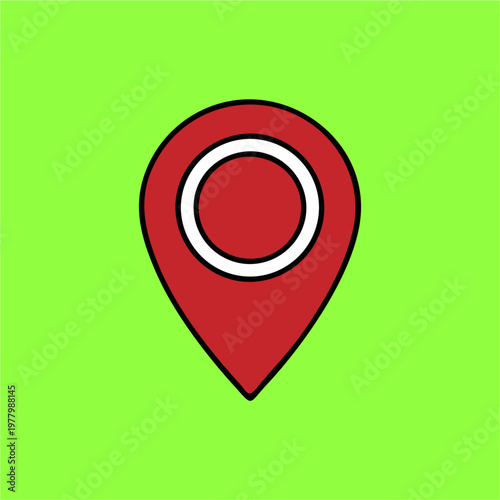 Red location pin icon with white circle on a green background.