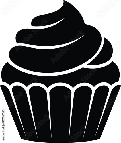 Black silhouette icon of cupcake with frosting swirl.
