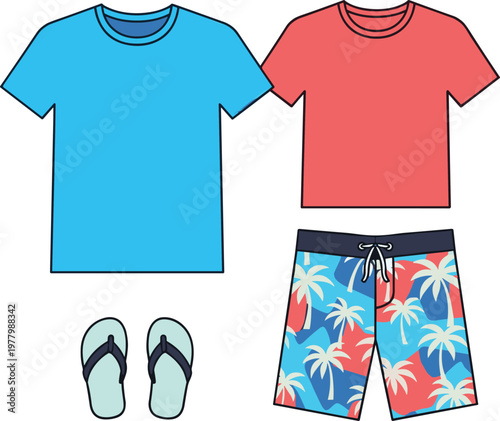 Mens summer casual wear t-shirts shorts and flip flops.