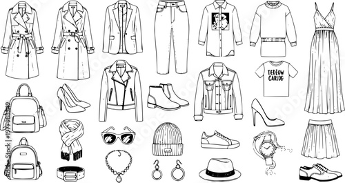 Fashion Apparel and Accessories Line Art Collection - Black and White Outline Drawing of Clothing and Style Items