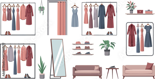 Clothing store interior set with dresses racks fitting room mirror furniture and decor modern boutique vector illustration isolated on white background