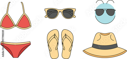 Beachwear set bikini sunglasses flip-flops straw hat.
