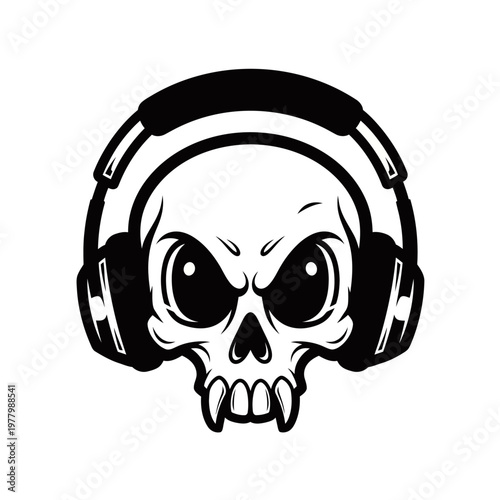 A black and white illustration of a skull wearing large headphones, with wide, staring eyes and sharp teeth.