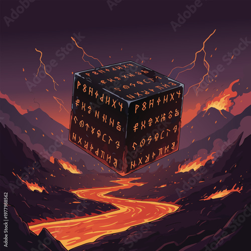 A black cube with orange symbols.