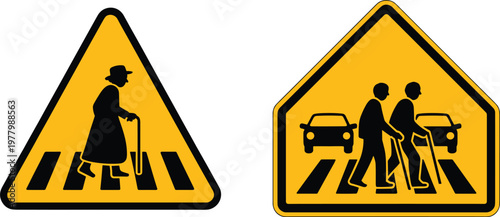 Senior citizens pedestrian crosswalk safety symbol with walking stick and car silhouette