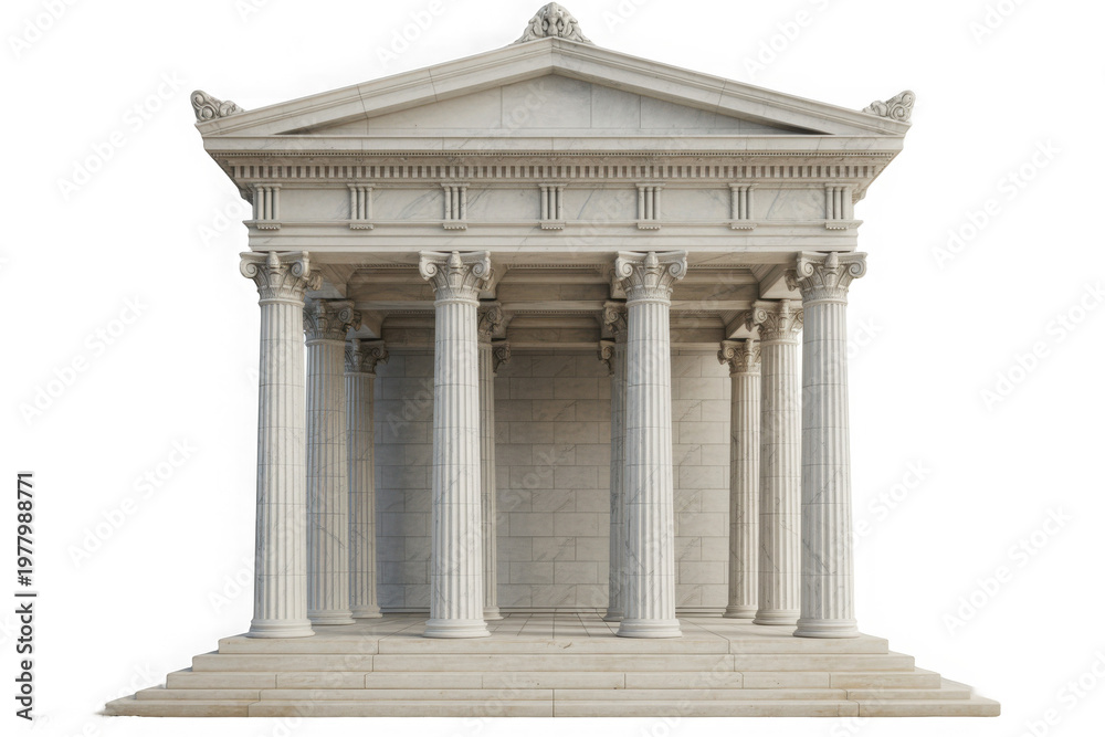 Fototapeta premium Isolated Classical Greek temple, Doric style portico in beige travertine stone, no background