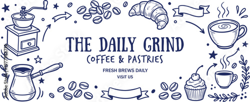 The daily grind coffee and pastries fresh brews daily sign illustration