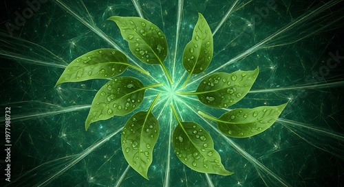 A vibrant green leaf with water droplets on a dark background